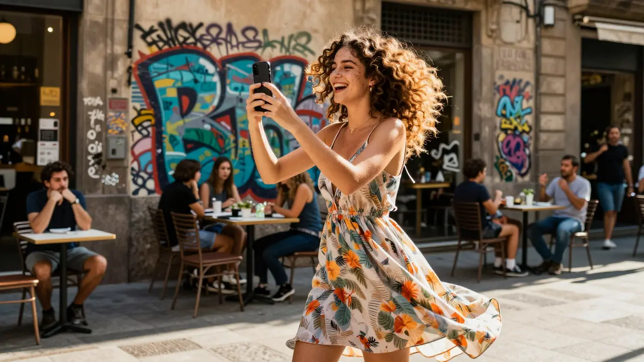A young woman laughs under golden sunlight, capturing a moment on her phone in a vibrant European street.