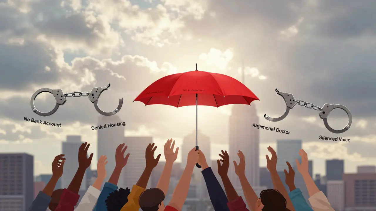 Broken handcuffs above a city, labeled with societal barriers, as hands lift a red umbrella.