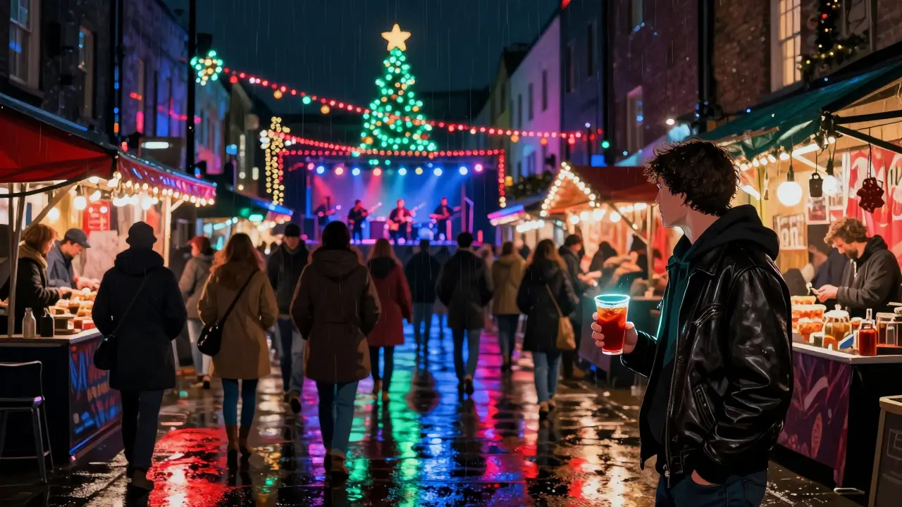 Camden Market at night with neon decorations, live music, and people in winter coats.