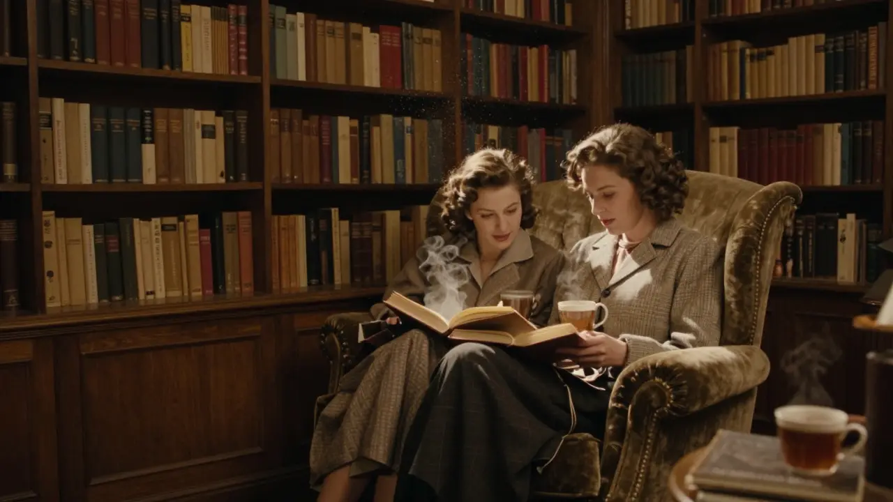 Couple reading together in a cozy bookshop corner, warm lamplight and shelves all around.