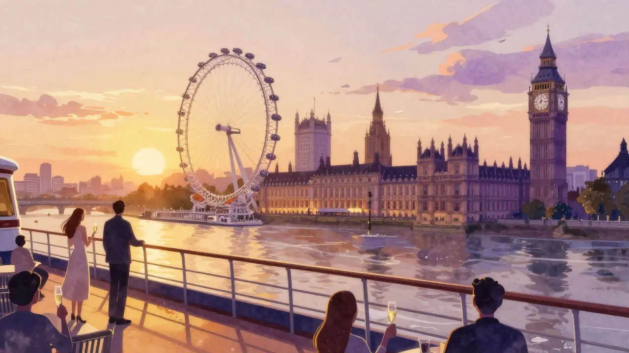 Couples enjoying a sunset cruise on the Thames, silhouetted against a golden sky and historic landmarks.