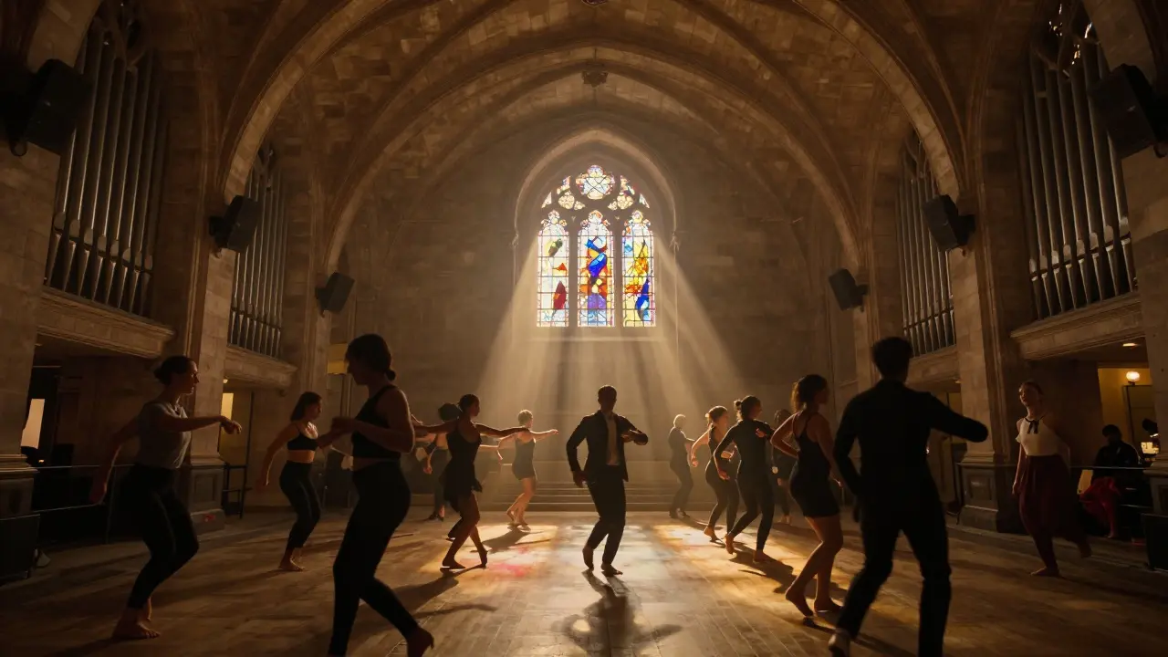 Dancers in a vaulted church hall bathed in colored light from stained glass, bass vibrations felt in the air.