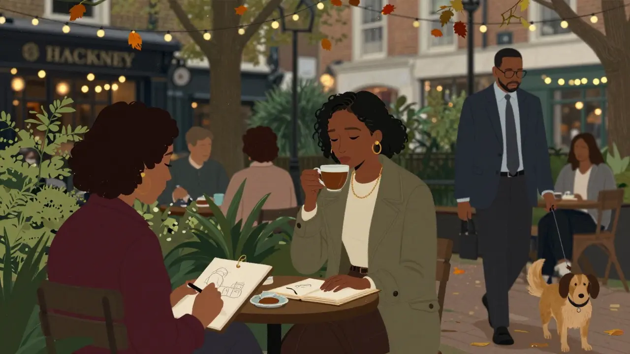 Diverse professionals connect calmly in a hidden Hackney garden under string lights and autumn leaves.