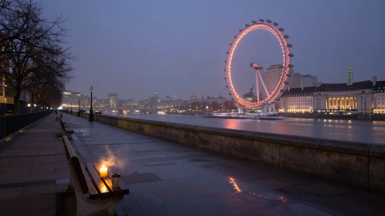 Empty South Bank walkway at night with a single candle reflecting city lights on wet pavement.