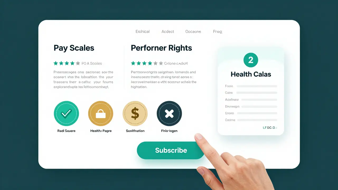 Ethical adult platform interface showing transparent pay and performer rights information.