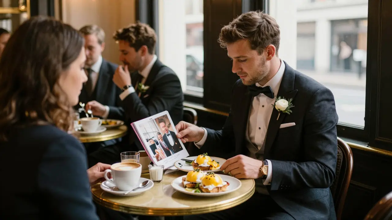 Friends recovering with breakfast at a brasserie, photo book open showing memories from the night.