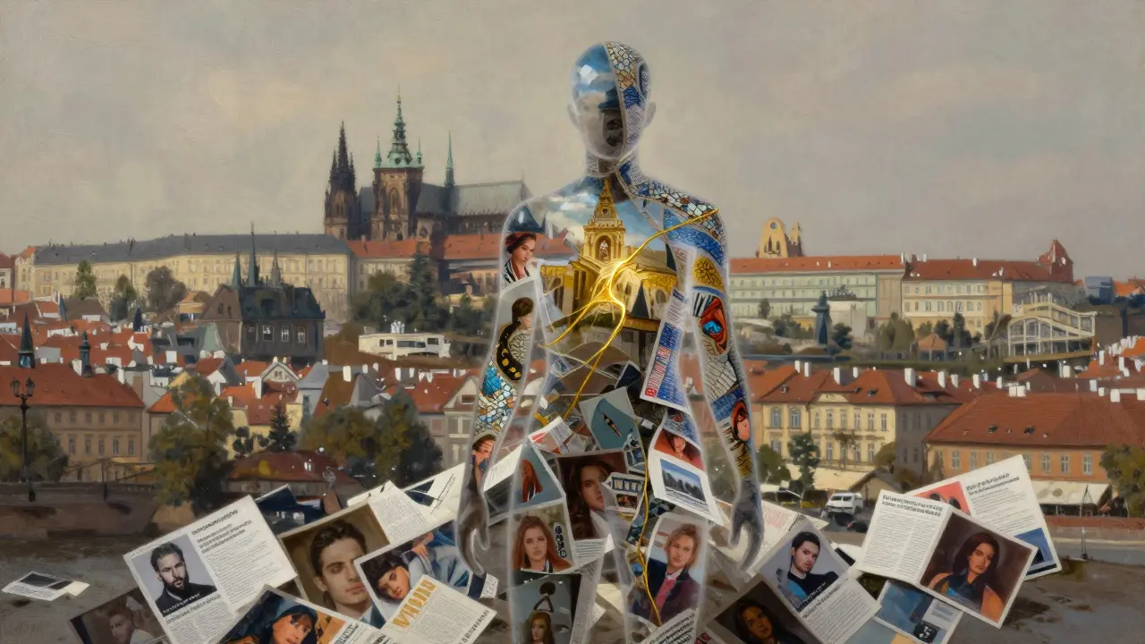 Human figure composed of European cityscapes dissolving away from fake online ads, symbolizing truth over illusion.