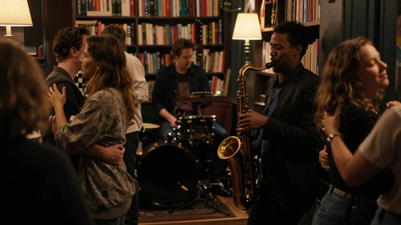Intimate lounge behind a bookshop, saxophonist playing as strangers dance close under soft amber lights.