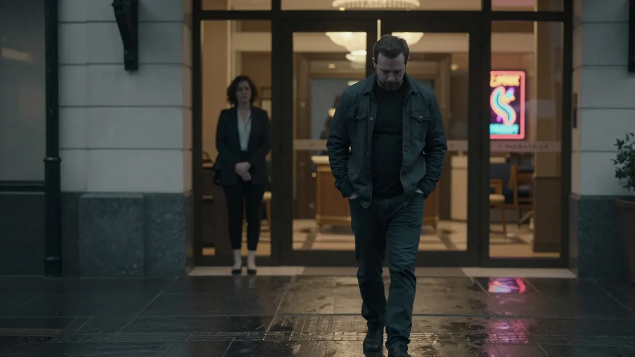 Man walking away from a hotel entrance at dusk, leaving with quiet dignity.