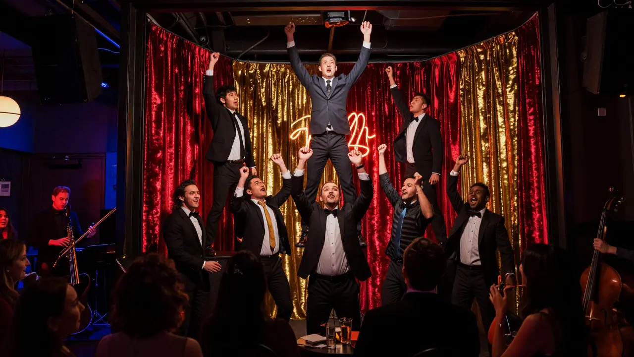 Men enjoying an immersive cabaret show at The Box Soho with acrobats and neon lights.