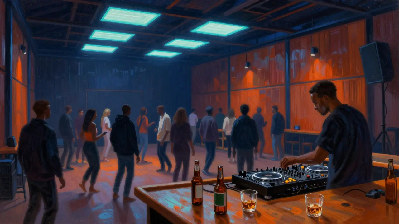 People dancing in a soundproof warehouse with neon pulses, DJ mixing afrobeats and techno on analog gear.