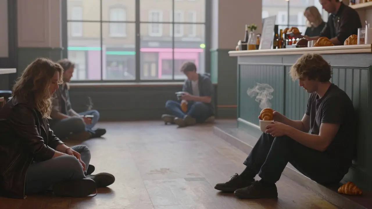 Quiet dawn inside Egg London, patrons sitting on the floor with croissants and coffee as music fades.