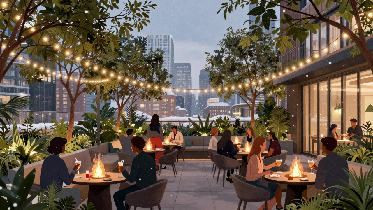 Rooftop garden party at twilight with fairy lights, fire pits, and London skyline in background.