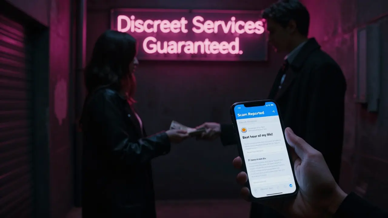 Shadowy alley transaction, fake review glowing on phone, police alert visible, neon sign in background.