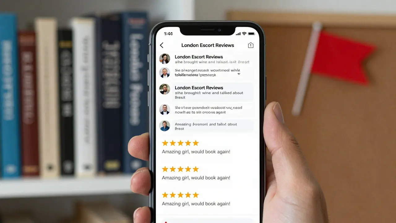 Smartphone displaying detailed forum reviews beside generic fake ones, with a red flag on a corkboard in the background.