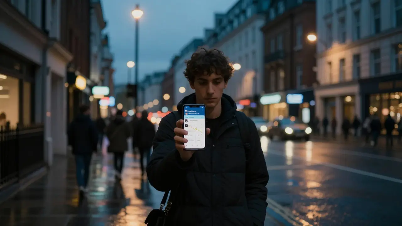 Someone walking through a rainy London street, checking a real-time escort availability map on their phone.