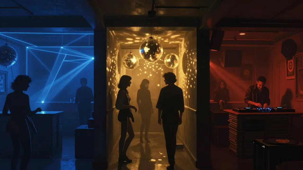 Three distinct club rooms in one scene: techno, disco, and funk, each with unique lighting and atmosphere.