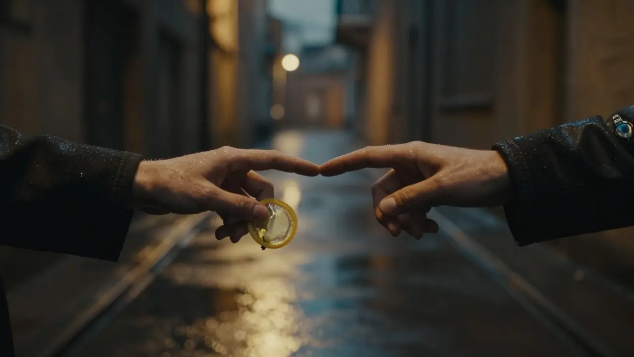 Two hands almost touch in a rainy alley, condom wrapper in one.