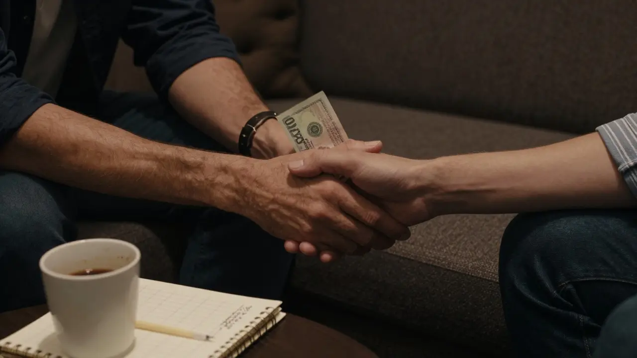 Two hands clasping in a hotel lobby, symbolizing trust and mutual respect during a companionship meeting.