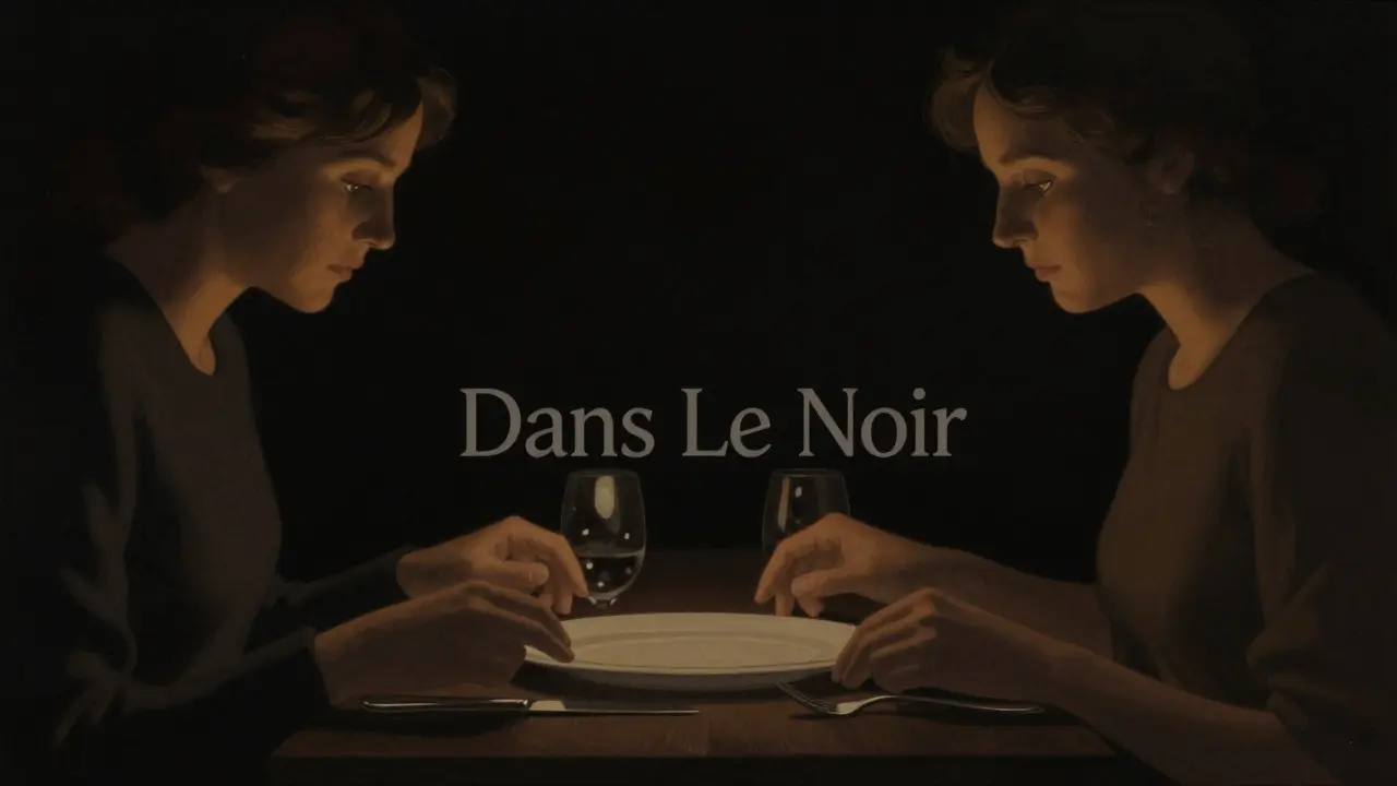 Two people dining in complete darkness, hands gently touching over a meal.