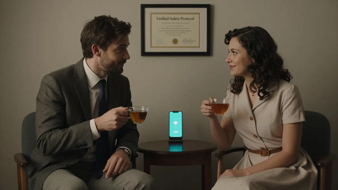 Two people sharing a quiet, respectful moment over tea, conveying emotional connection without physical contact.