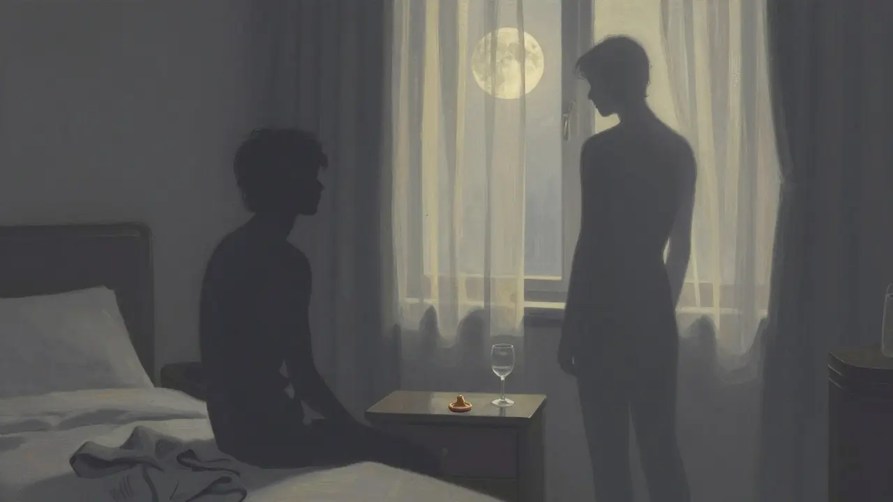 Two silhouettes in a hotel room, a condom on the nightstand, moonlight casting soft shadows.