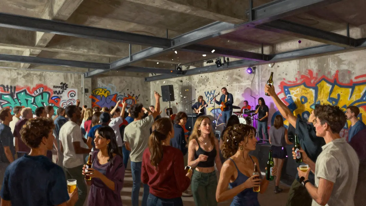 Vibrant party in a vast industrial cellar with live music, confetti, and graffiti-covered walls.