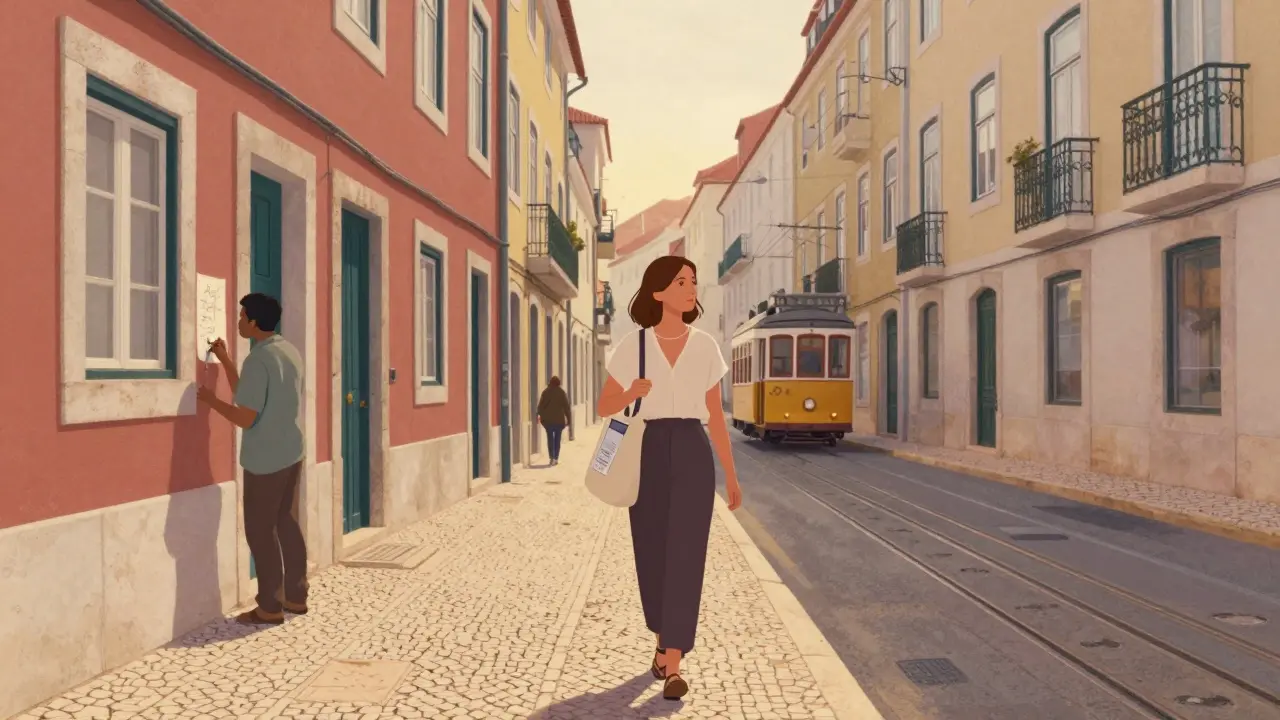 Woman walking through Lisbon’s colorful streets at sunset, sketchbook in hand, city life around her.