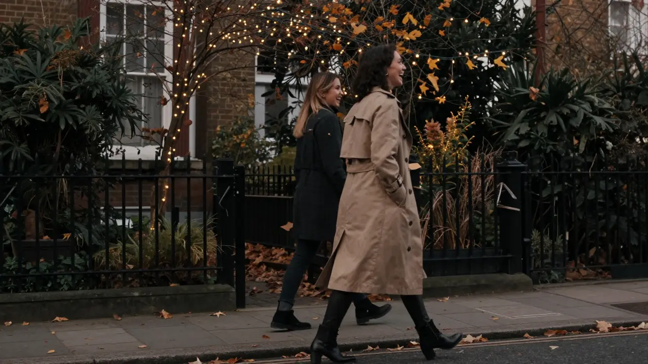 A BBW escort and client walking together through Primrose Hill at dusk, laughing under string lights.