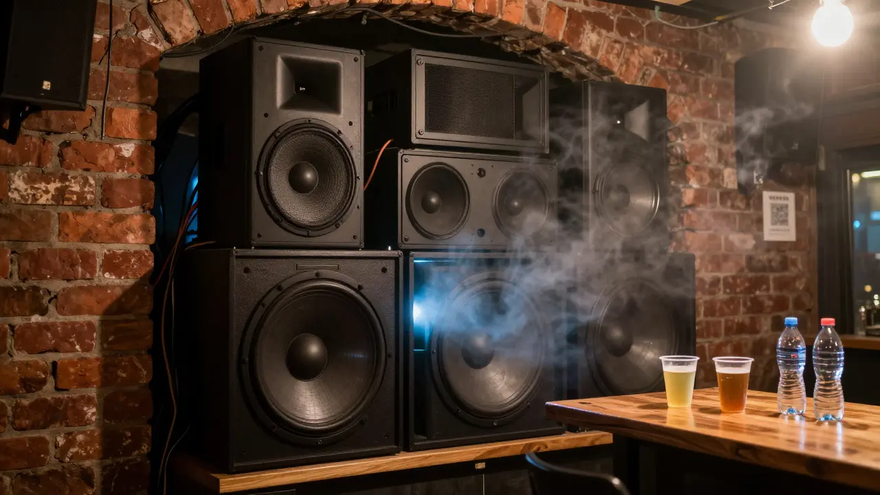 A custom-built sound system pulses with low-frequency vibrations beside a simple counter offering cider and water, no signs or screens visible.