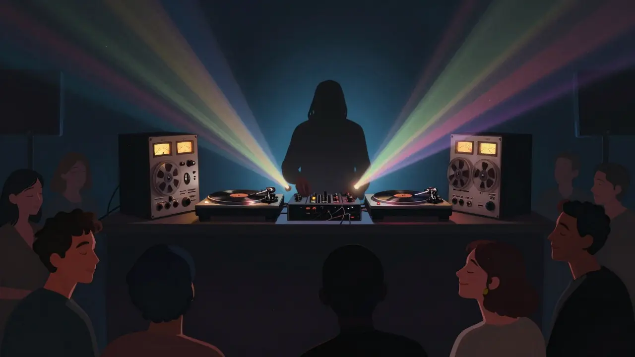 A DJ behind vinyl equipment surrounded by glowing analog meters, casting pulsing light waves over a moving crowd.