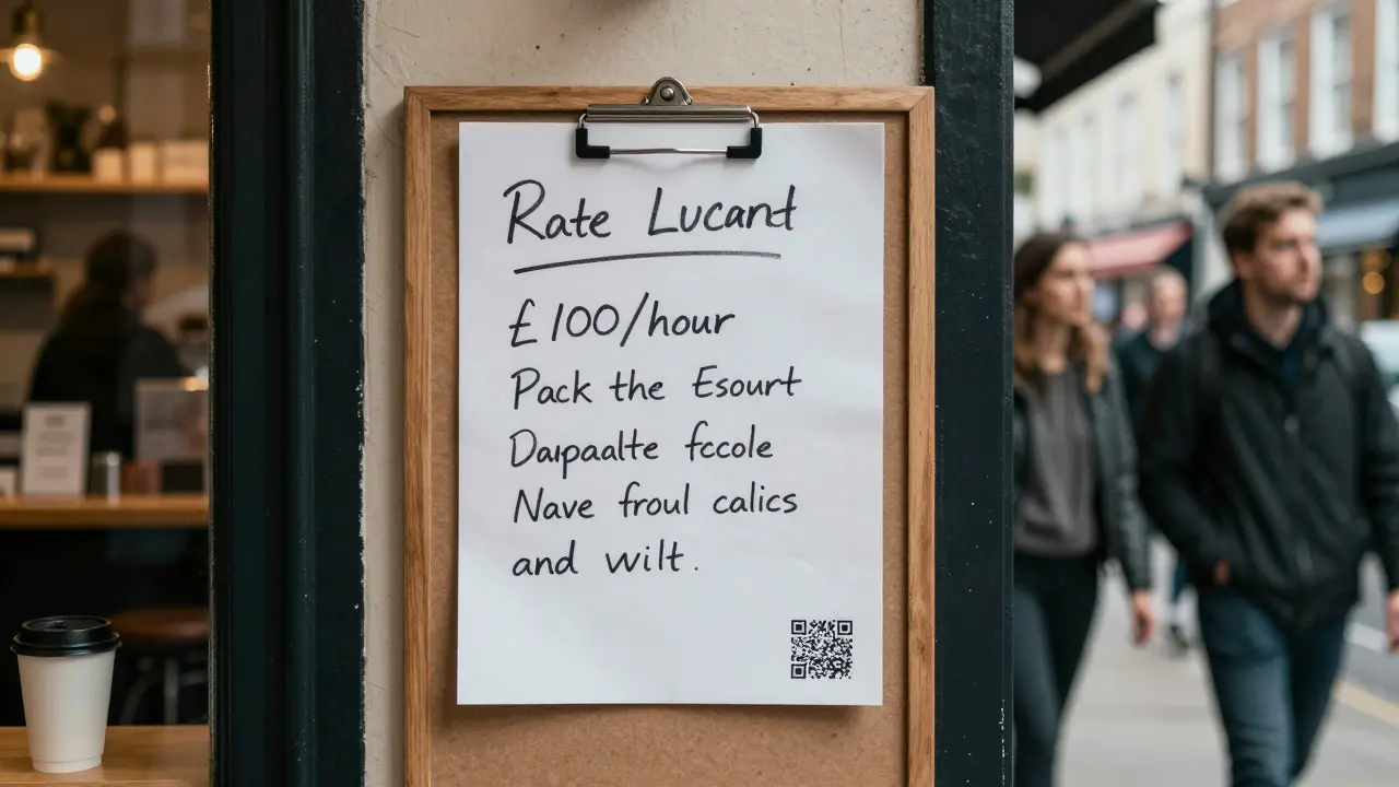 A handwritten escort notice on a community bulletin board with a QR code in a London coffee shop.