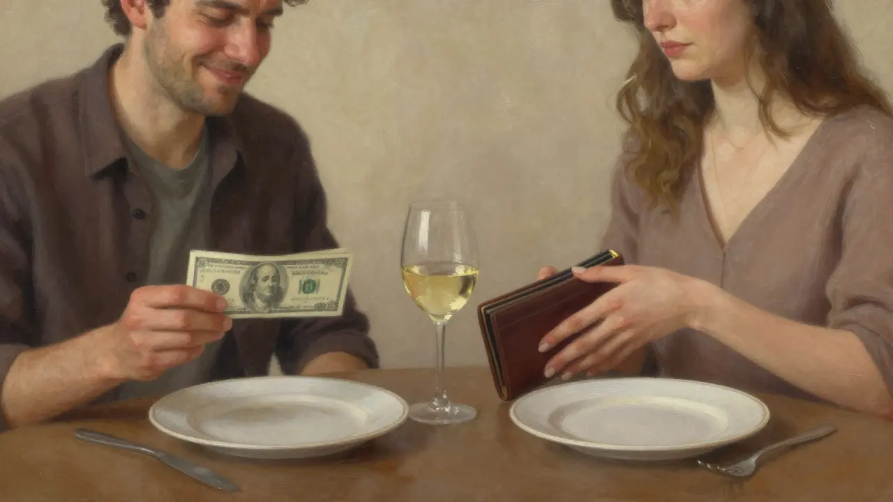 A man and woman at a dinner table, quietly splitting the bill with mutual respect and no drama.