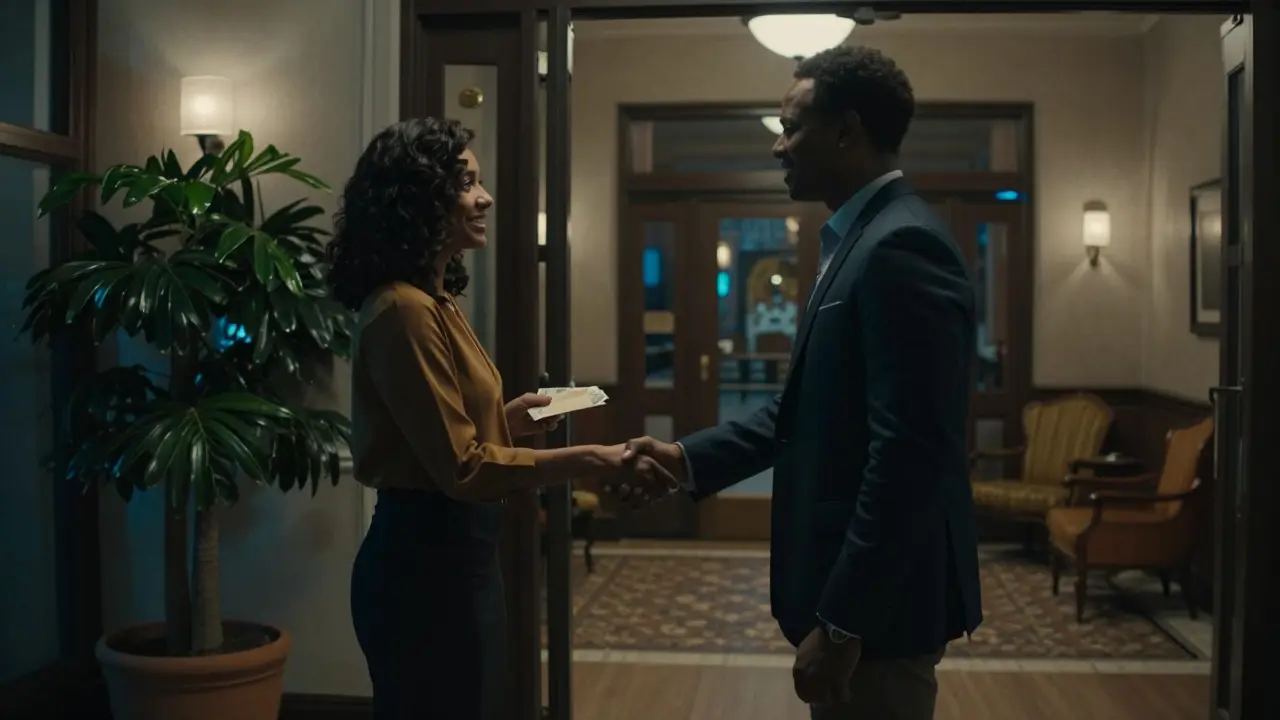 A man and woman shaking hands in a hotel lobby, exchanging cash, professional and respectful.