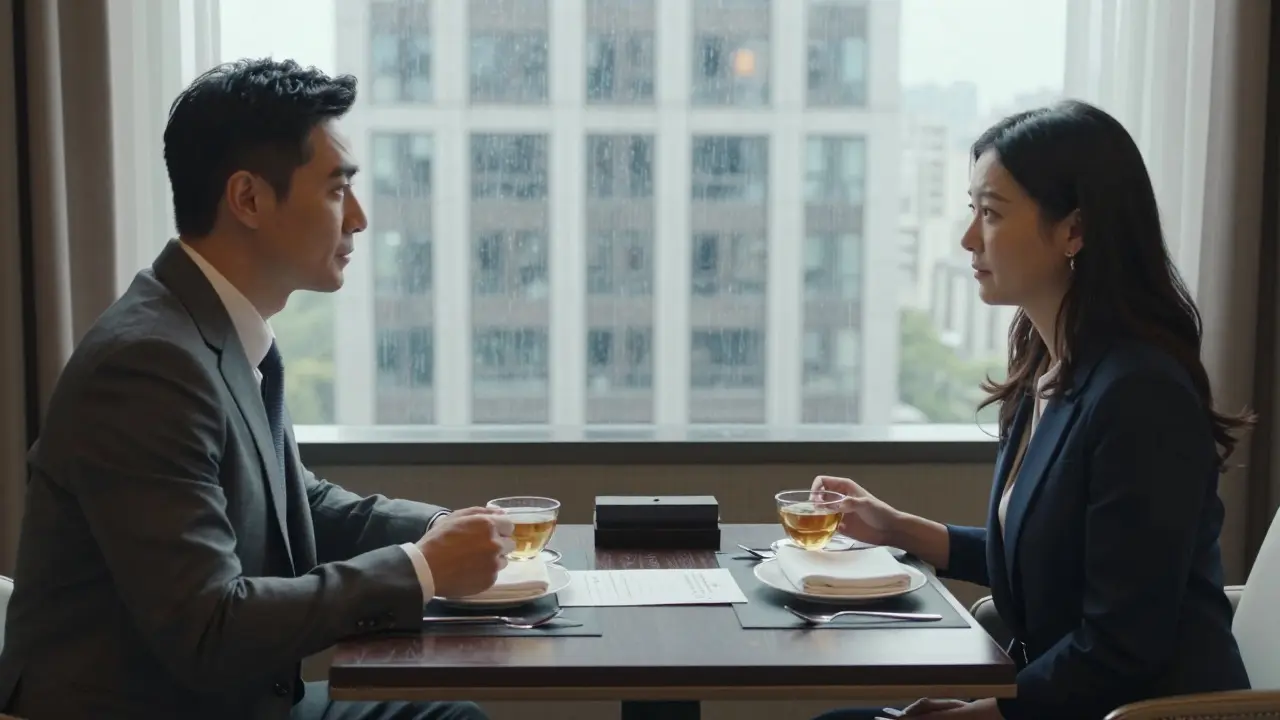 A man and woman sharing tea at a hotel dining table, with a handwritten agreement between them, conveying mutual respect.
