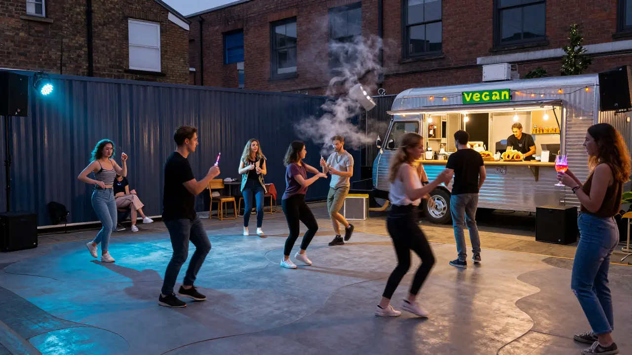 A modular London venue where the floor changes shape and scents shift with music genres, surrounded by diverse dancers.