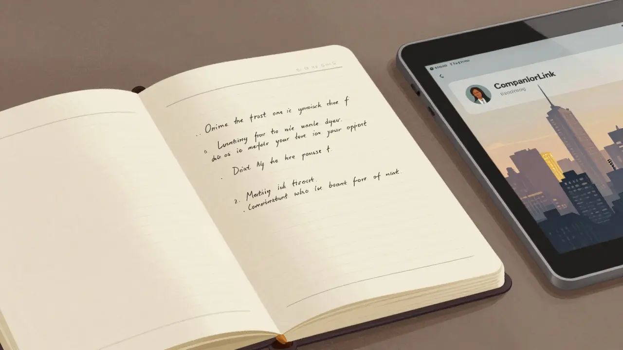 A notebook and tablet displaying safety guidelines and verified profile details for companionship.