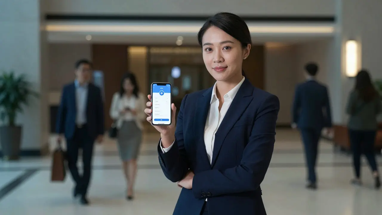 A professional woman in a hotel lobby, calmly using her phone to verify a companion's identity.