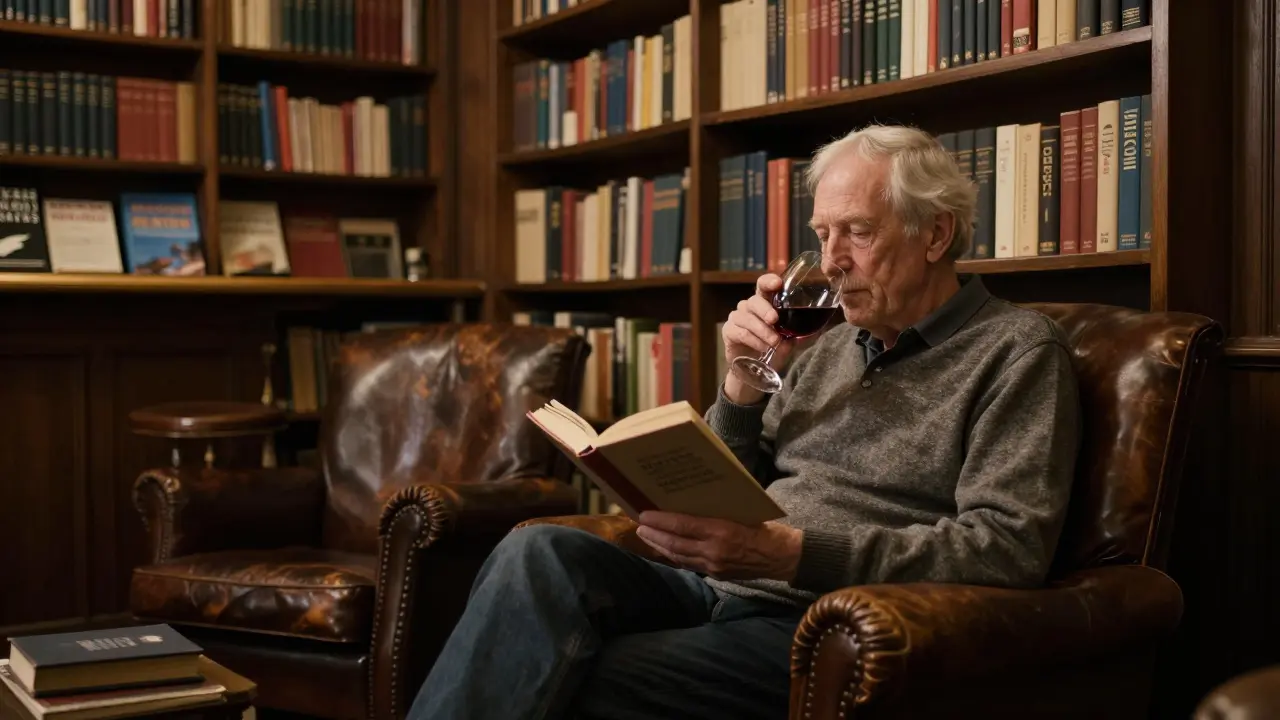 A quiet bookshop reading room at night with lamplight, an elderly man reading and sipping wine.