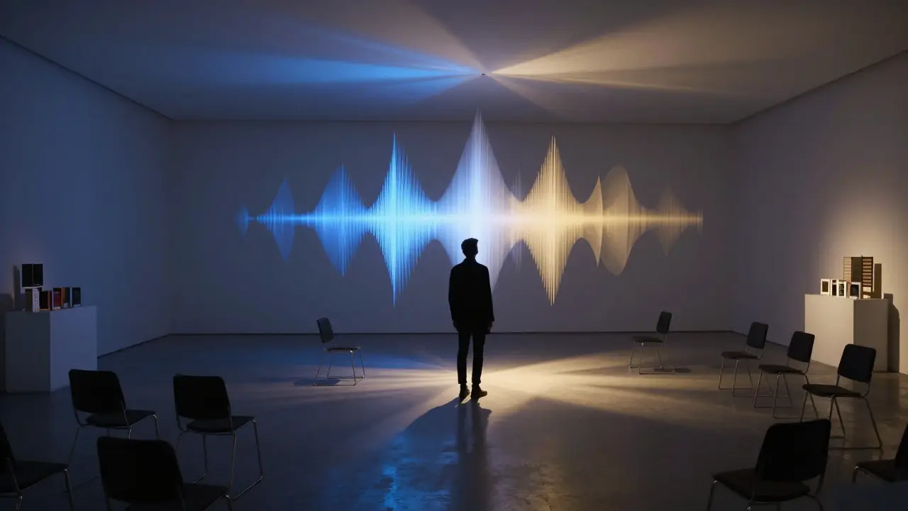 A quiet, illuminated event at Barbican Centre with floating sound waves and no crowds.