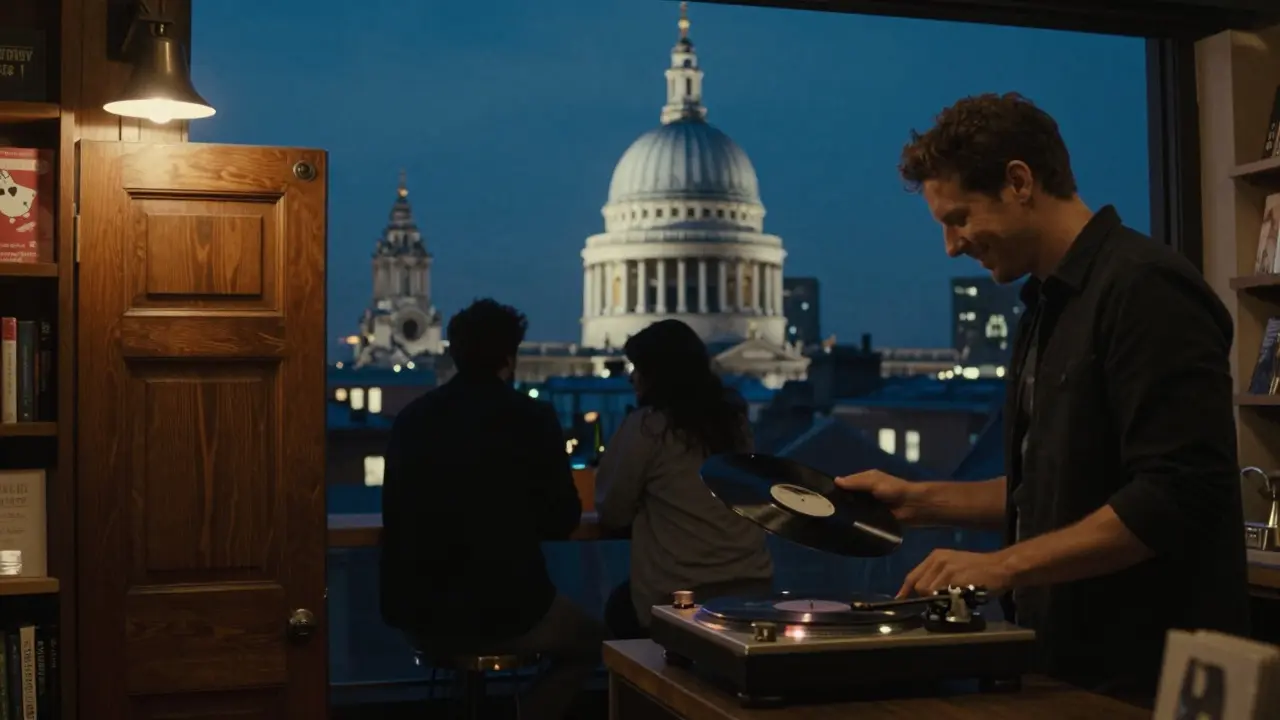 A rooftop bar above a bookshop with St. Paul’s Cathedral in the background, someone handing over a vinyl record.
