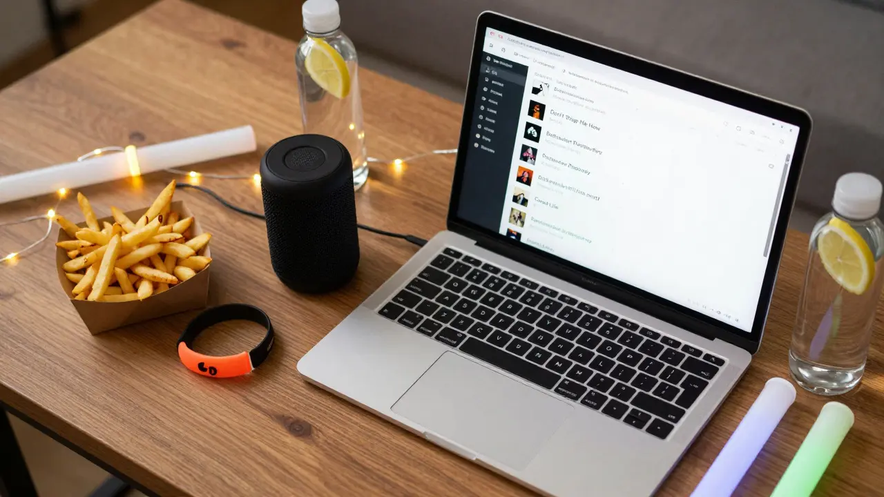 A table with snack food, water, glow sticks, and a playlist display on a laptop during an all-night party.