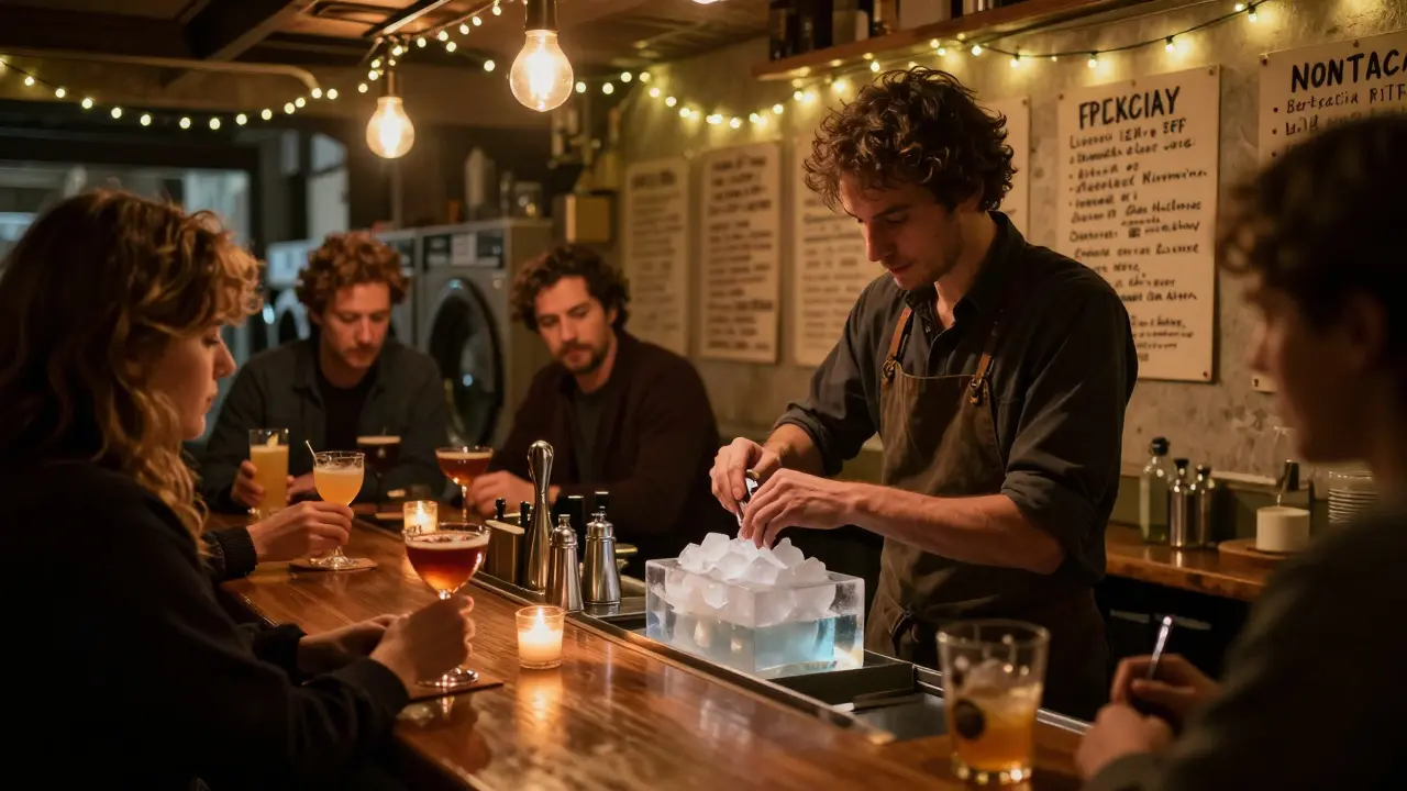 A tiny basement bar serving cocktails made with Thames-filtered ice, lit by string lights.