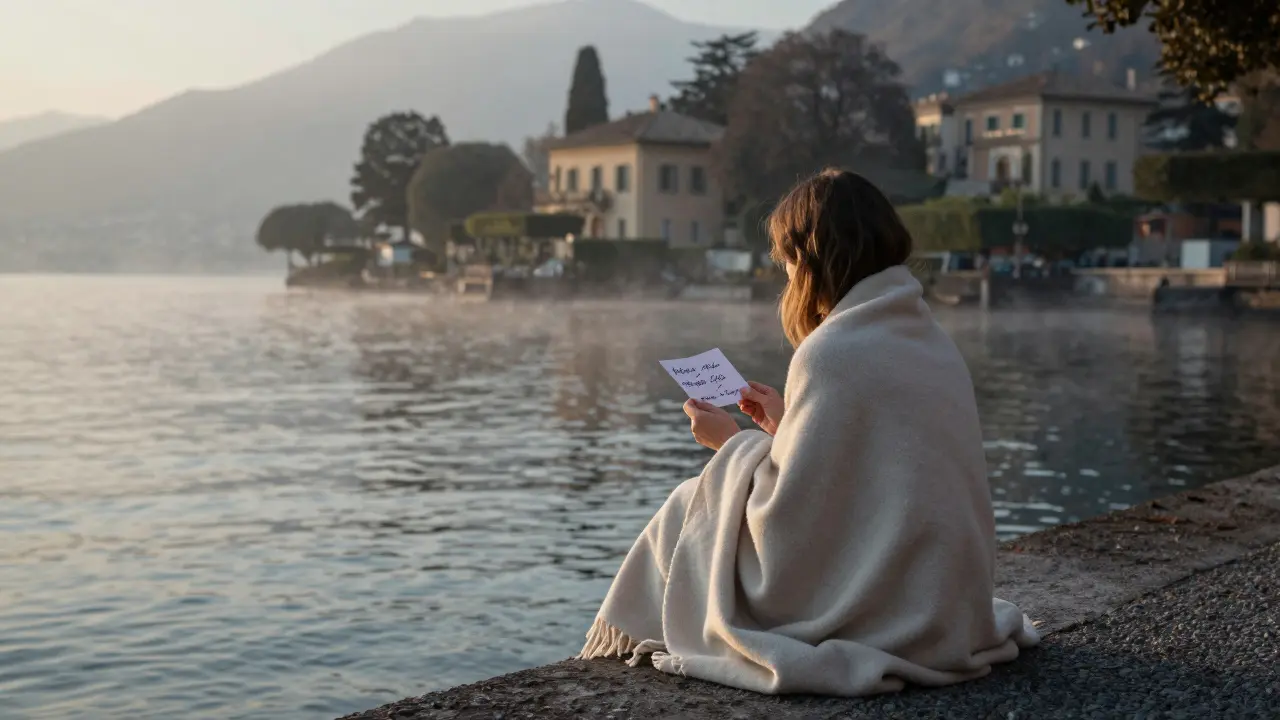 A woman sits quietly by Lake Como at sunrise, holding a postcard, lost in thought.
