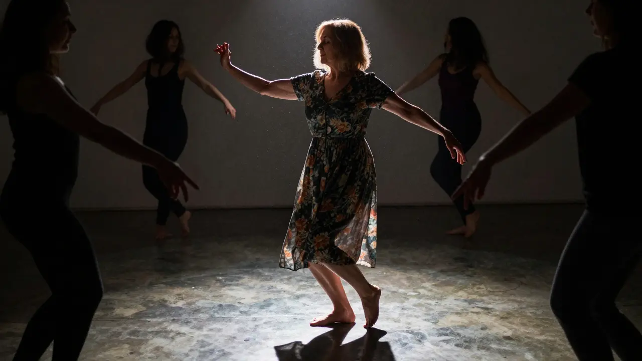 An elderly woman dances barefoot alone in a crowded basement, surrounded by others who move around her with quiet respect.