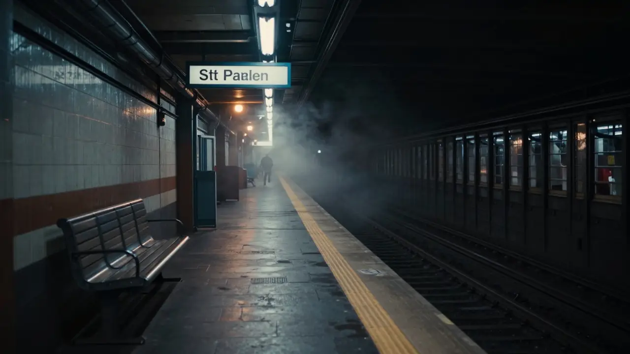 An empty subway platform at 3 a.m., dim lights, steam rising from rails, deep silence in the air.