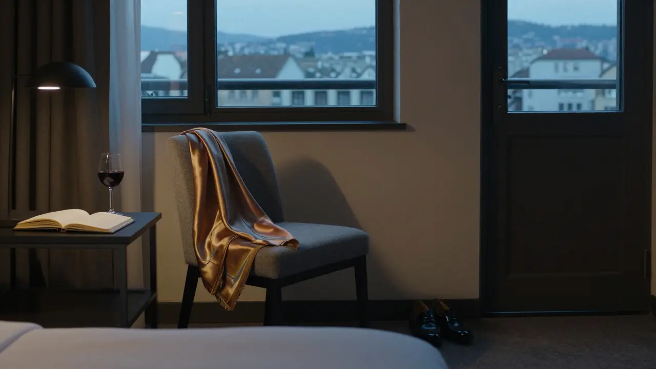An empty Zurich hotel room at dusk with a silk scarf, wine glass, and journal left behind — evoking quiet human presence.