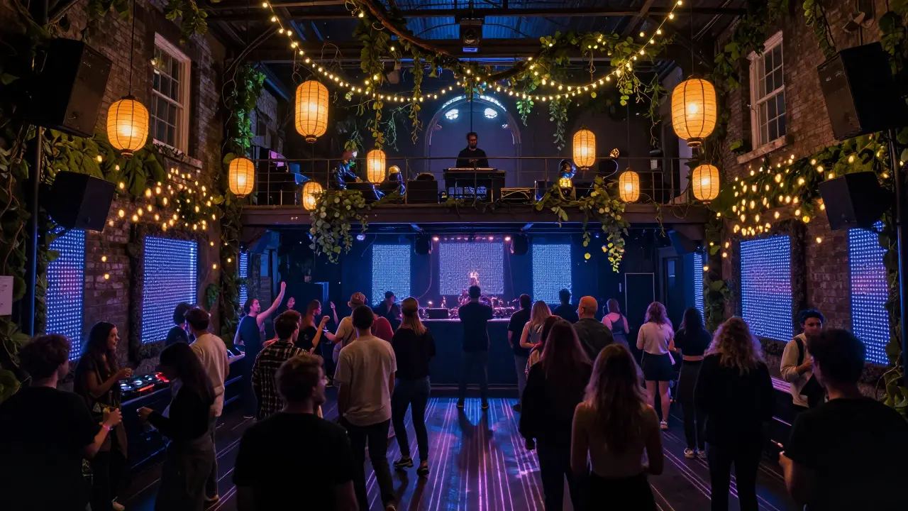An immersive music venue in Brixton with moss walls, hanging lanterns, and pulsing LED lights syncing to bass.