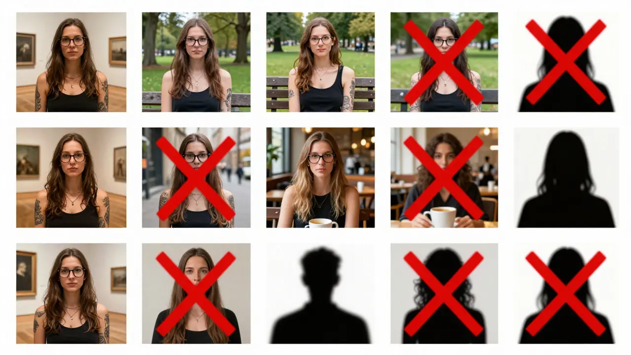 Authentic profile photos of a woman in public settings contrasted with fake stock images, highlighting genuine vs. misleading profiles.