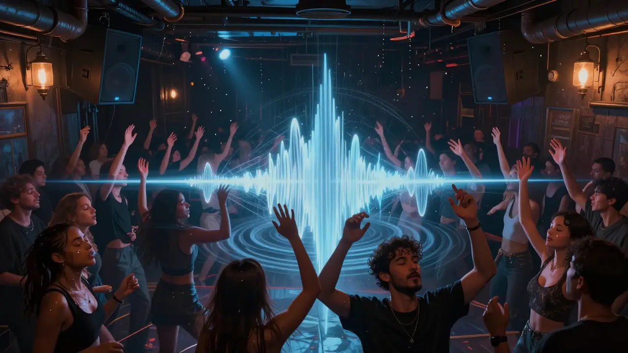 Dancers immersed in music on Fabric's dance floor, no phones, intense sound waves in the air.